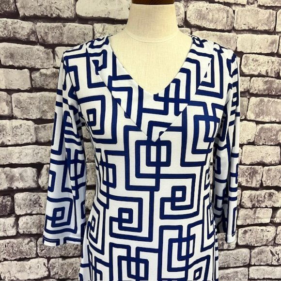 Addie Addison Blue & White V-Neck 3/4 Sleeve Dress Size Small - Picture 2 of 9